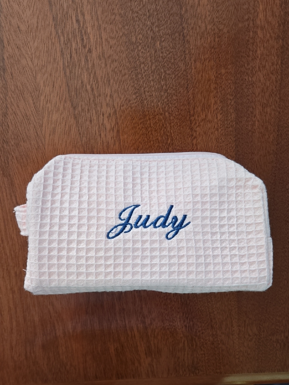 New! Embroidered Pink Makeup Bag with name "Judy"